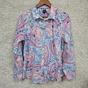 Talbots Paisley Button Down Shirt Womens 16 Pink Blue Non-Iron Preppy Classic